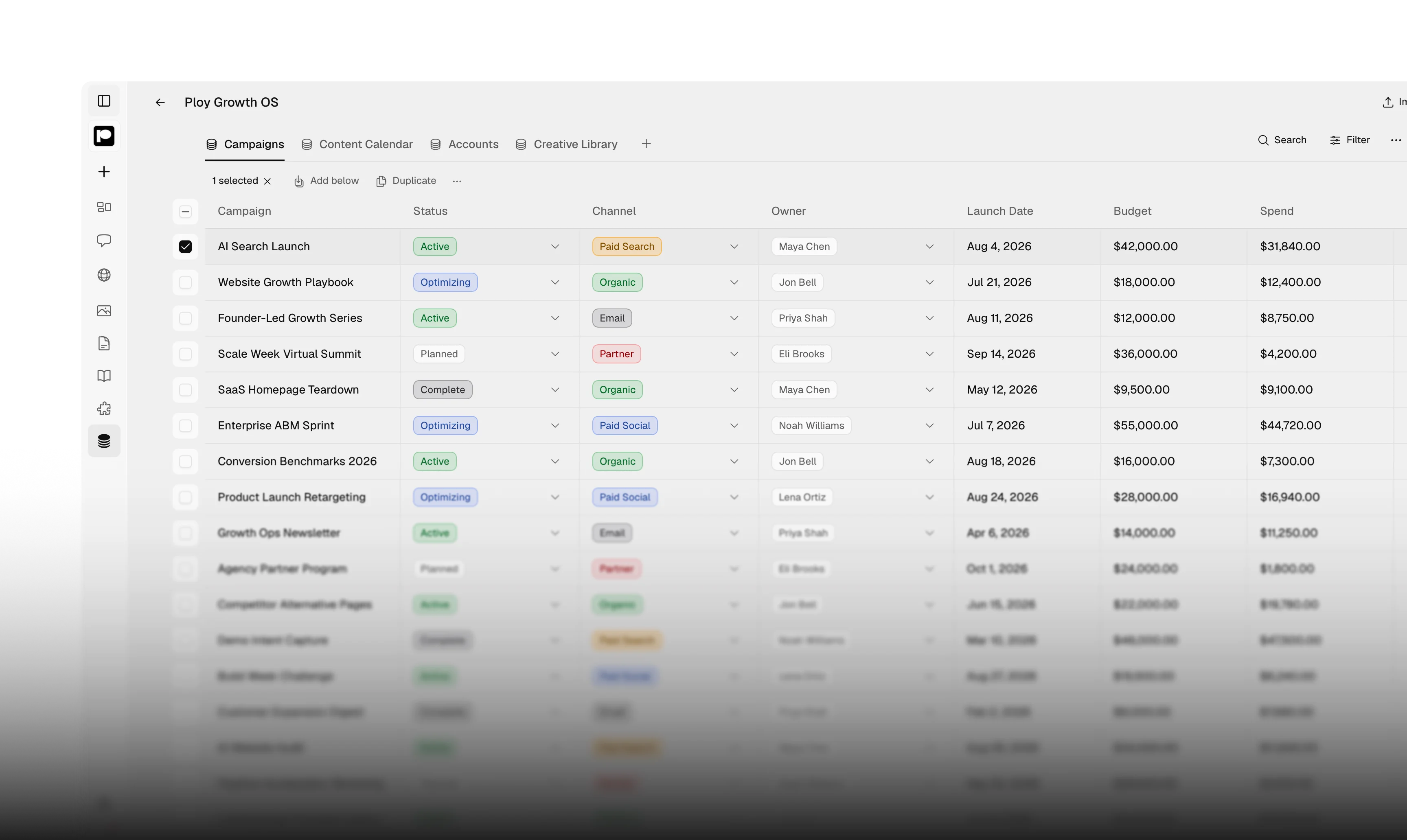 Ploy Growth OS database showing campaign records inside the Ploy workspace