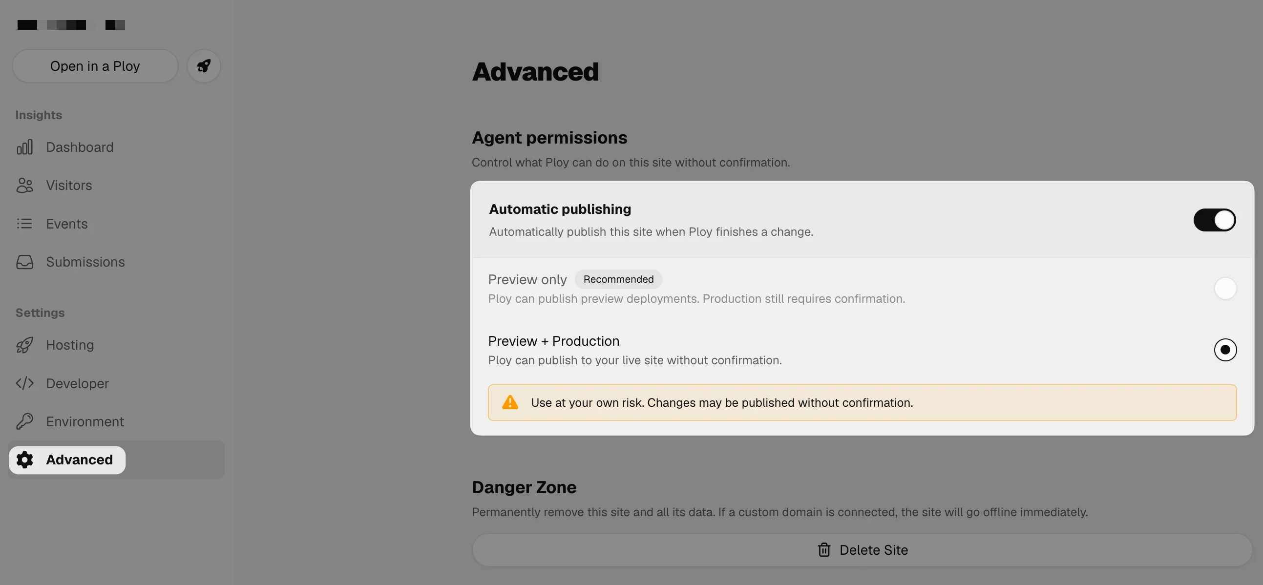 Automatic publishing enabled in a site’s Advanced settings, with Preview only and Preview + Production options under Agent permissions.