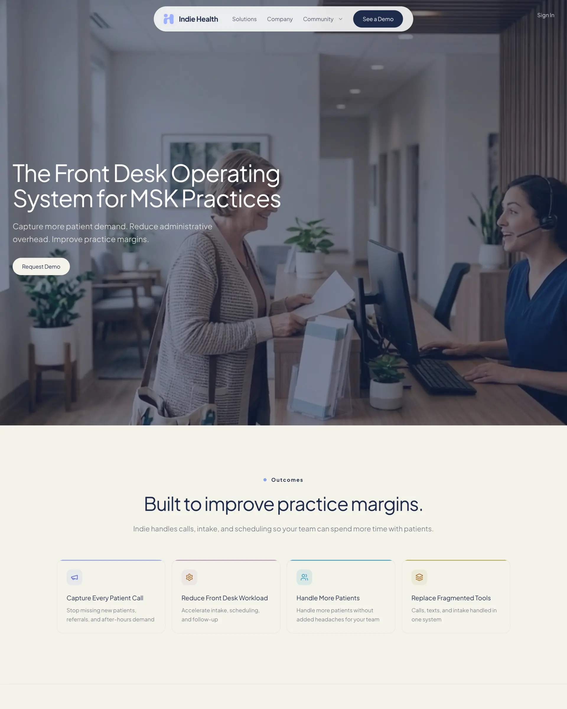 Indie Health homepage — the front desk operating system for MSK practices.