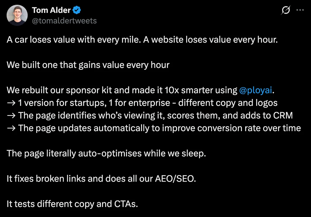 Tom Alder post about a website gaining value every hour and a rebuilt sponsor kit.