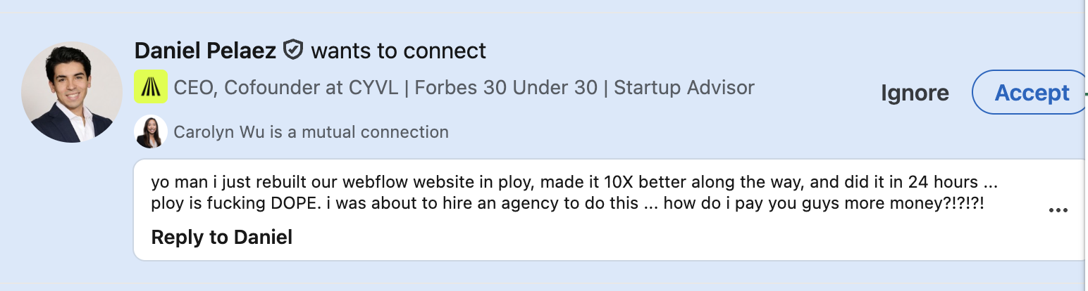 Daniel Pelaez talking about Ploy on LinkedIn