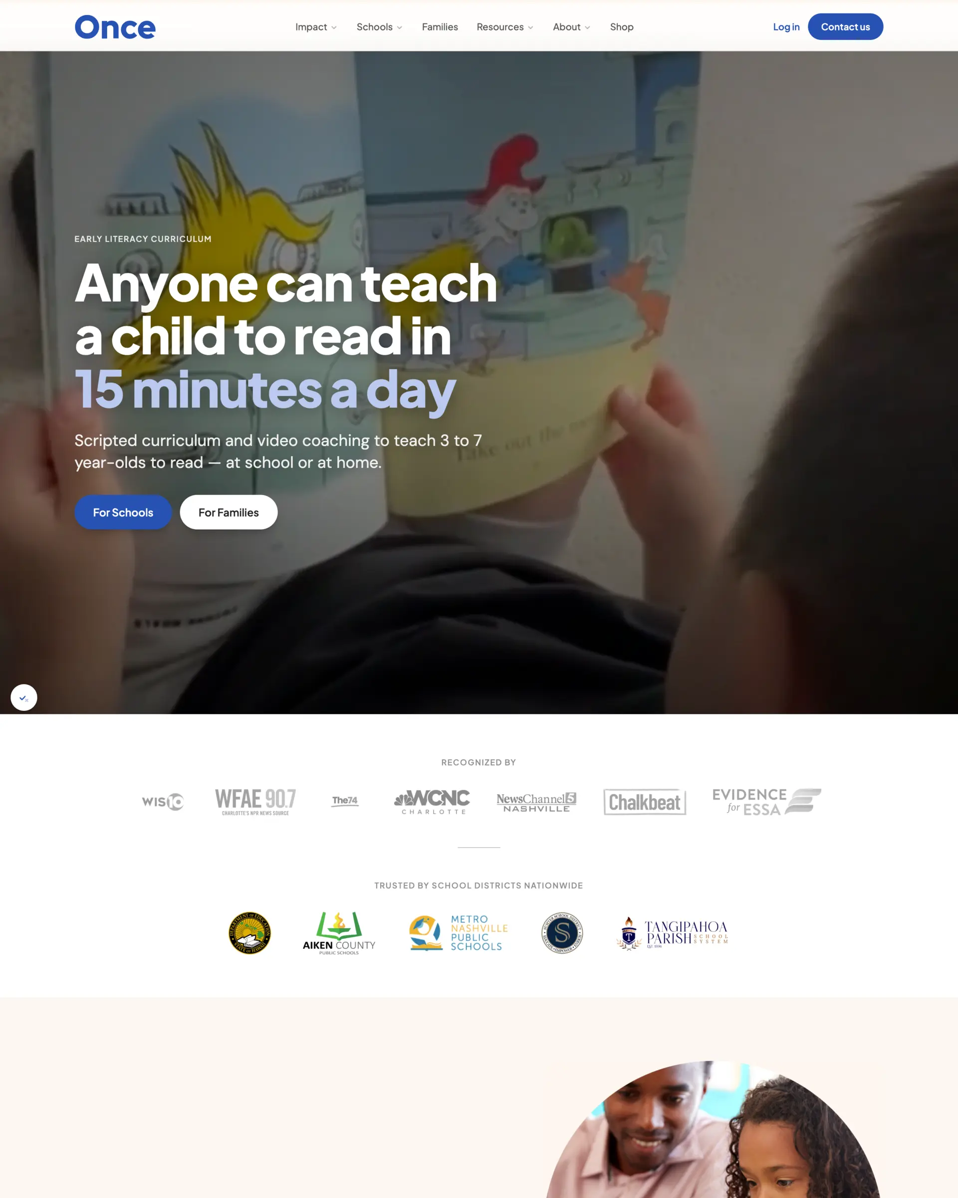 Once homepage — anyone can teach a child to read in 15 minutes a day.