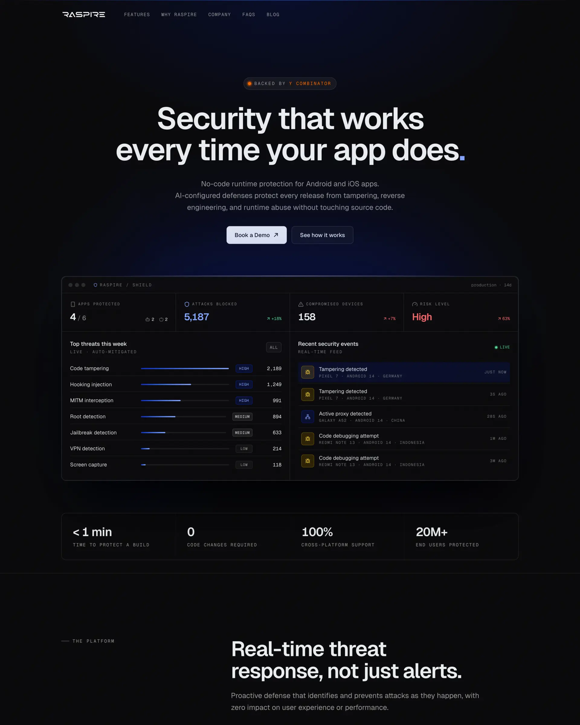 Raspire homepage — security that works every time your app does.