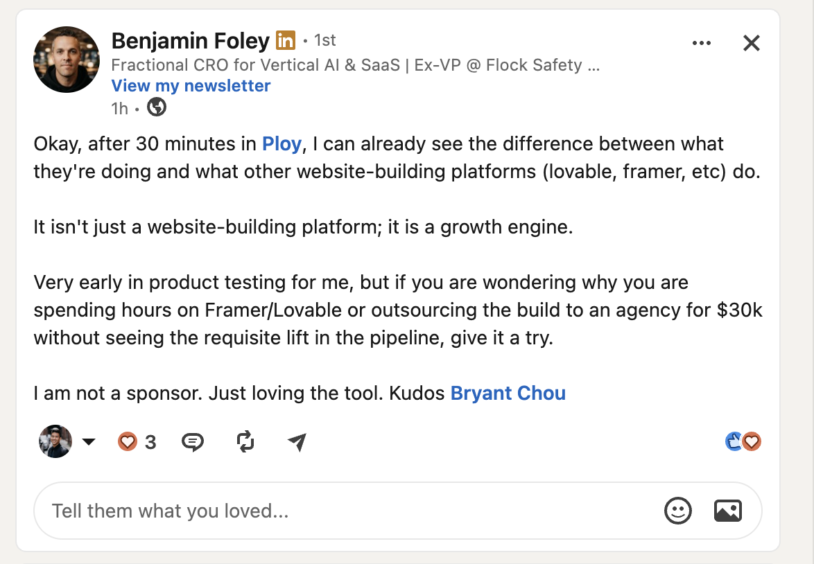 Benjamin Foley talking about Ploy on LinkedIn