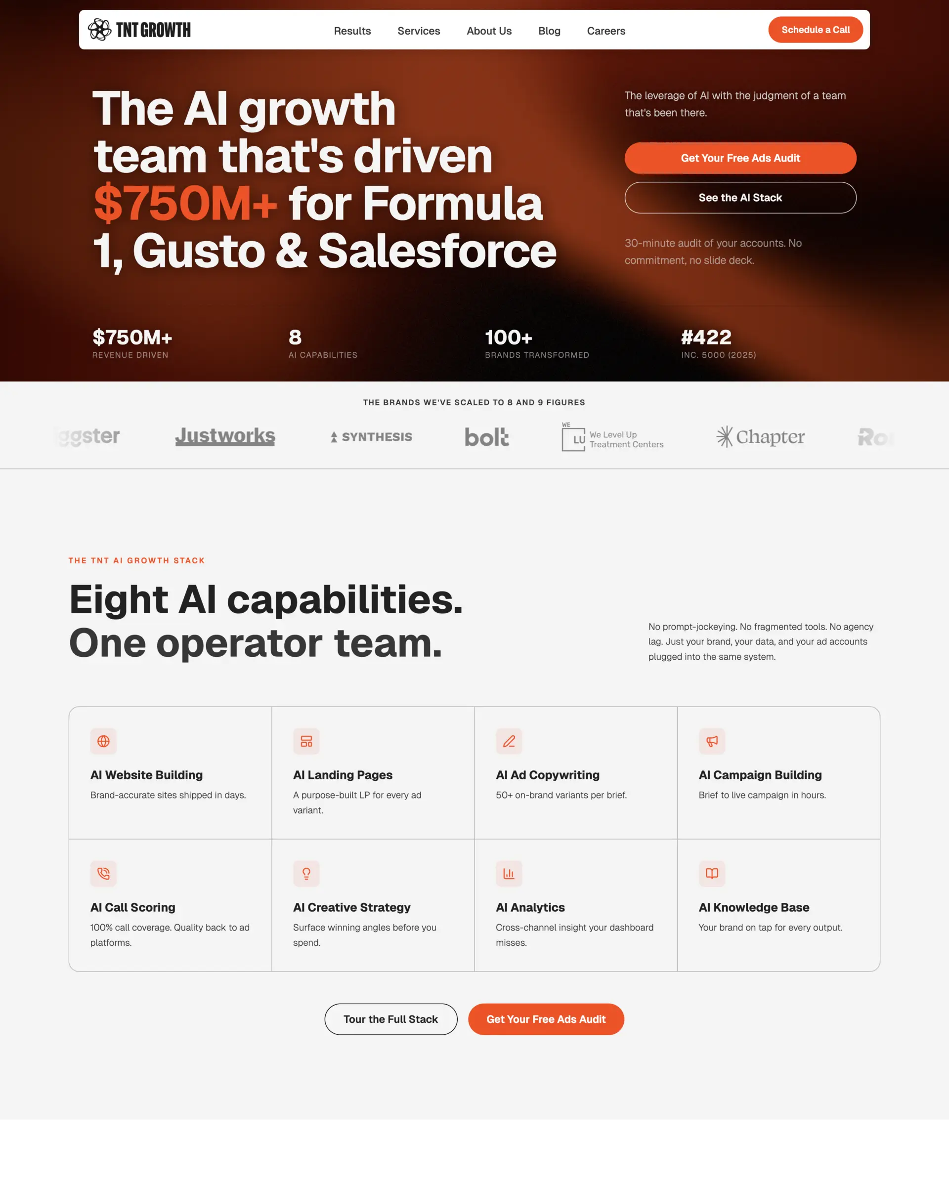 TNT Growth homepage — the AI growth team that's driven $750M+.